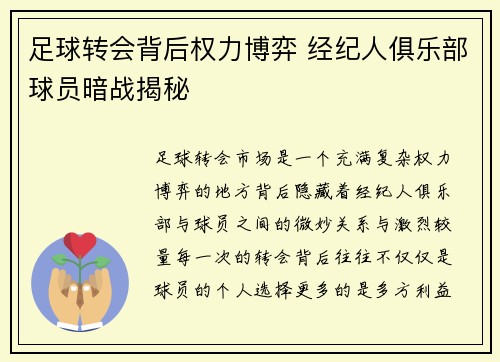 足球转会背后权力博弈 经纪人俱乐部球员暗战揭秘